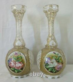 Antique Bohemian Single Flute Glass Epergne Handpaint Gold Floral 2 Match Vases