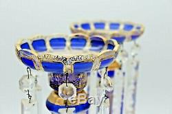 Antique Bohemian Victorian Czech Cobalt Blue Glass & Gold Mantle Lusters Lustres