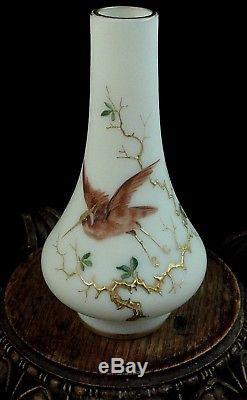 Antique Bohemian Victorian Hand Painted Flying Crane Art Glass Vase Loetz Era