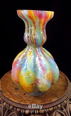 Antique Bohemian Victorian Harrach Cased RAINBOW Spangle Art Glass Vase w Mica