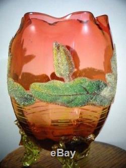 Antique Bohemian Victorian Heckert / Loetz WATER LILY Coralene Art Glass Vase