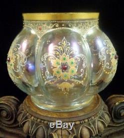 Antique Bohemian Victorian Loetz Rococo Iridescent Enamel Jeweled Art Glass Vase