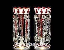 Antique Bohemian cased & enameled cranberry glass lusters, 19th c, 11 3/4 H