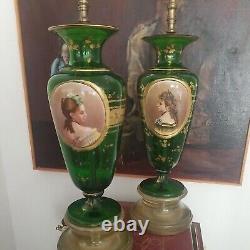 Antique Bohemian glass Moser Porcelain Plaque Lamps
