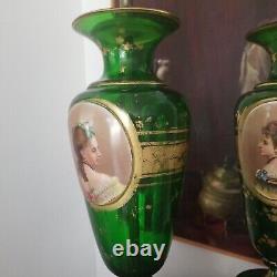 Antique Bohemian glass Moser Porcelain Plaque Lamps