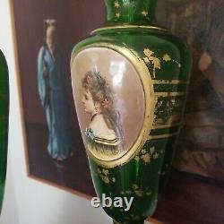 Antique Bohemian glass Moser Porcelain Plaque Lamps