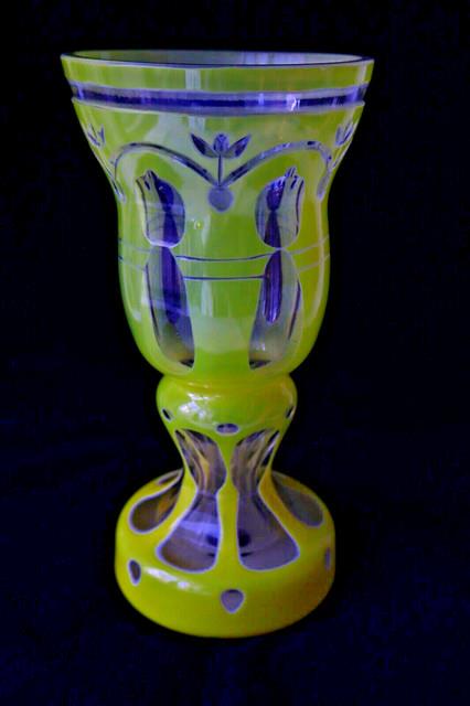 Antique Bohemian Lemon Overlay Cut To Clear Enamelled Goblet End 19th Century