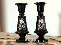 Antique Bristol Bohemian Hand Blown Enameled Black Amethyst Glass Vases (2)