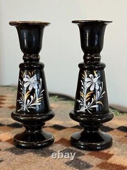 Antique Bristol Bohemian Hand Blown Enameled Black Amethyst Glass Vases (2)