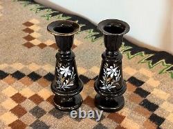 Antique Bristol Bohemian Hand Blown Enameled Black Amethyst Glass Vases (2)