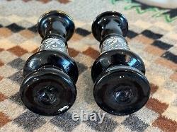 Antique Bristol Bohemian Hand Blown Enameled Black Amethyst Glass Vases (2)