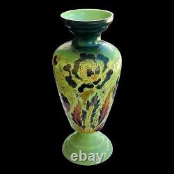 Antique Bristol Glass Vase 12.5 Hand Painted Green Floral England Antique Bristol Glass Vase 12.5 Hand Painted Green Floral England