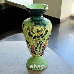 Antique Bristol Glass Vase 12.5 Hand Painted Green Floral England Antique Bristol Glass Vase 12.5 Hand Painted Green Floral England