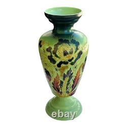 Antique Bristol Glass Vase 12.5 Hand Painted Green Floral England Antique Bristol Glass Vase 12.5 Hand Painted Green Floral England