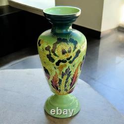 Antique Bristol Glass Vase 12.5 Hand Painted Green Floral England Antique Bristol Glass Vase 12.5 Hand Painted Green Floral England