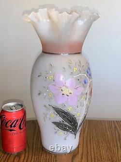 Antique Bristol Victorian Art Glass Vase 15 Hand Enamel Painted Floral Flowers