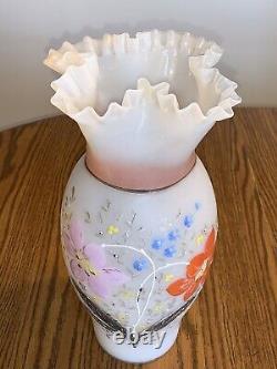 Antique Bristol Victorian Art Glass Vase 15 Hand Enamel Painted Floral Flowers