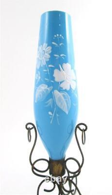 Antique Bud VASE WIRE stand BLUE glass WHITE enamel Flowers c. 1890's