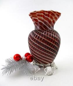 Antique CANDY CANE art glass 7 Footed VASE Cased RED & WHITE Spiral Swirl