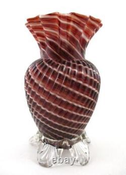 Antique CANDY CANE art glass 7 Footed VASE Cased RED & WHITE Spiral Swirl