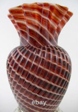 Antique CANDY CANE art glass 7 Footed VASE Cased RED & WHITE Spiral Swirl