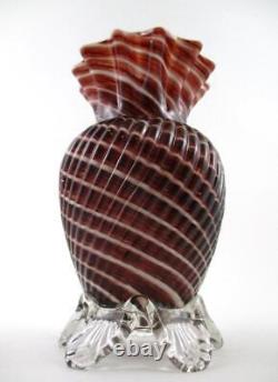 Antique CANDY CANE art glass 7 Footed VASE Cased RED & WHITE Spiral Swirl