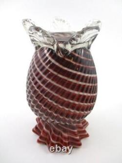 Antique CANDY CANE art glass 7 Footed VASE Cased RED & WHITE Spiral Swirl