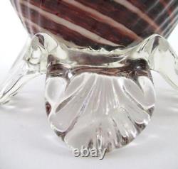 Antique CANDY CANE art glass 7 Footed VASE Cased RED & WHITE Spiral Swirl