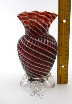 Antique CANDY CANE art glass 7 Footed VASE Cased RED & WHITE Spiral Swirl