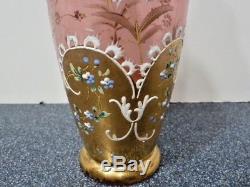 Antique CRANBERRY ART GLASS VASE Gold Gilding Enameled Flowers Moser Victorian