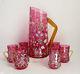 Antique Cranberry Enamel Lemonade Pitcher Cup Mug Floral Victorian Art Glass Set