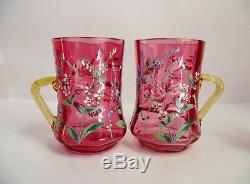 Antique CRANBERRY ENAMEL Lemonade PITCHER CUP MUG Floral VICTORIAN Art Glass SET