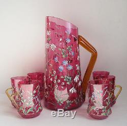 Antique CRANBERRY ENAMEL Lemonade PITCHER CUP MUG Floral VICTORIAN Art Glass SET