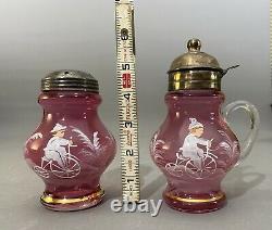 Antique CRANBERRY Mary Gregory SUGAR SHAKER & Syrup Pitcher