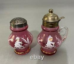 Antique CRANBERRY Mary Gregory SUGAR SHAKER & Syrup Pitcher