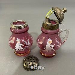 Antique CRANBERRY Mary Gregory SUGAR SHAKER & Syrup Pitcher