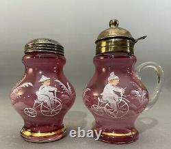 Antique CRANBERRY Mary Gregory SUGAR SHAKER & Syrup Pitcher