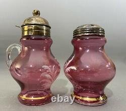 Antique CRANBERRY Mary Gregory SUGAR SHAKER & Syrup Pitcher