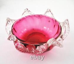 Antique CRANBERRY art glass SWEETMEAT dish withRIGAREE GINKGO Sheffield EPNS