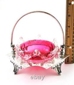 Antique CRANBERRY art glass SWEETMEAT dish withRIGAREE GINKGO Sheffield EPNS