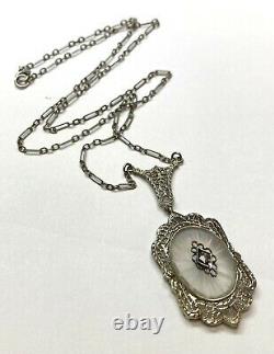 Antique Camphor Glass Art Deco Diamond Solid 14K White Gold Pendant Necklace 16