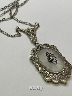 Antique Camphor Glass Art Deco Diamond Solid 14K White Gold Pendant Necklace 16