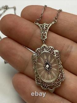 Antique Camphor Glass Art Deco Diamond Solid 14K White Gold Pendant Necklace 16