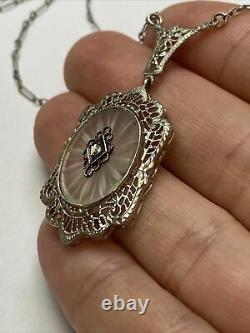 Antique Camphor Glass Art Deco Diamond Solid 14K White Gold Pendant Necklace 16