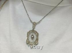 Antique Camphor Glass Art Deco Diamond Solid 14K White Gold Pendant Necklace 16