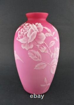 Antique Cased PINK Satin art glass 9.5 VASE ROSES & BIRD hp White Enamel