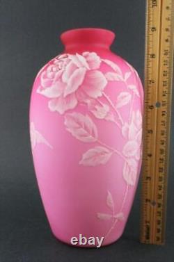 Antique Cased PINK Satin art glass 9.5 VASE ROSES & BIRD hp White Enamel