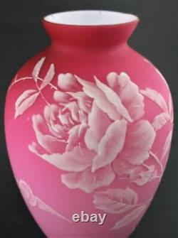 Antique Cased PINK Satin art glass 9.5 VASE ROSES & BIRD hp White Enamel