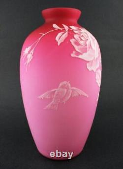 Antique Cased PINK Satin art glass 9.5 VASE ROSES & BIRD hp White Enamel