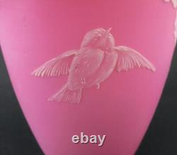 Antique Cased PINK Satin art glass 9.5 VASE ROSES & BIRD hp White Enamel